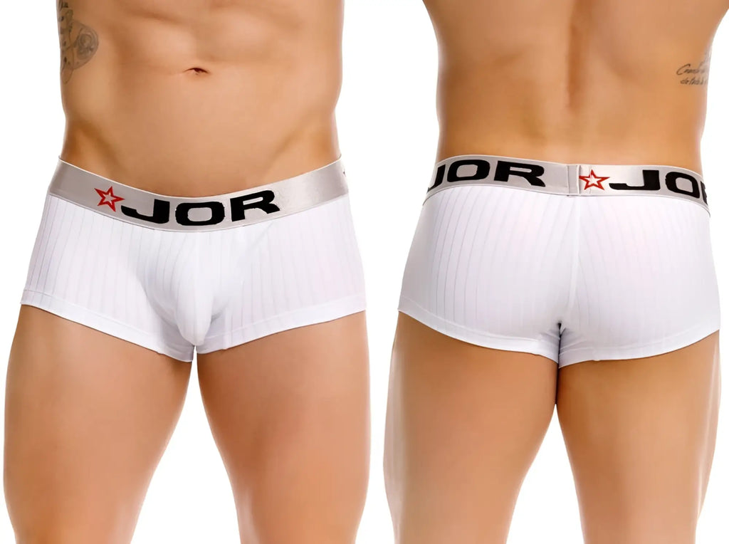 White jor 2330 cronos trunks briefs with ribbed texture and silver waistband featuring black lettering and red stars