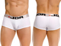 White jor 2330 cronos trunks briefs with ribbed texture and silver waistband featuring black lettering and red stars