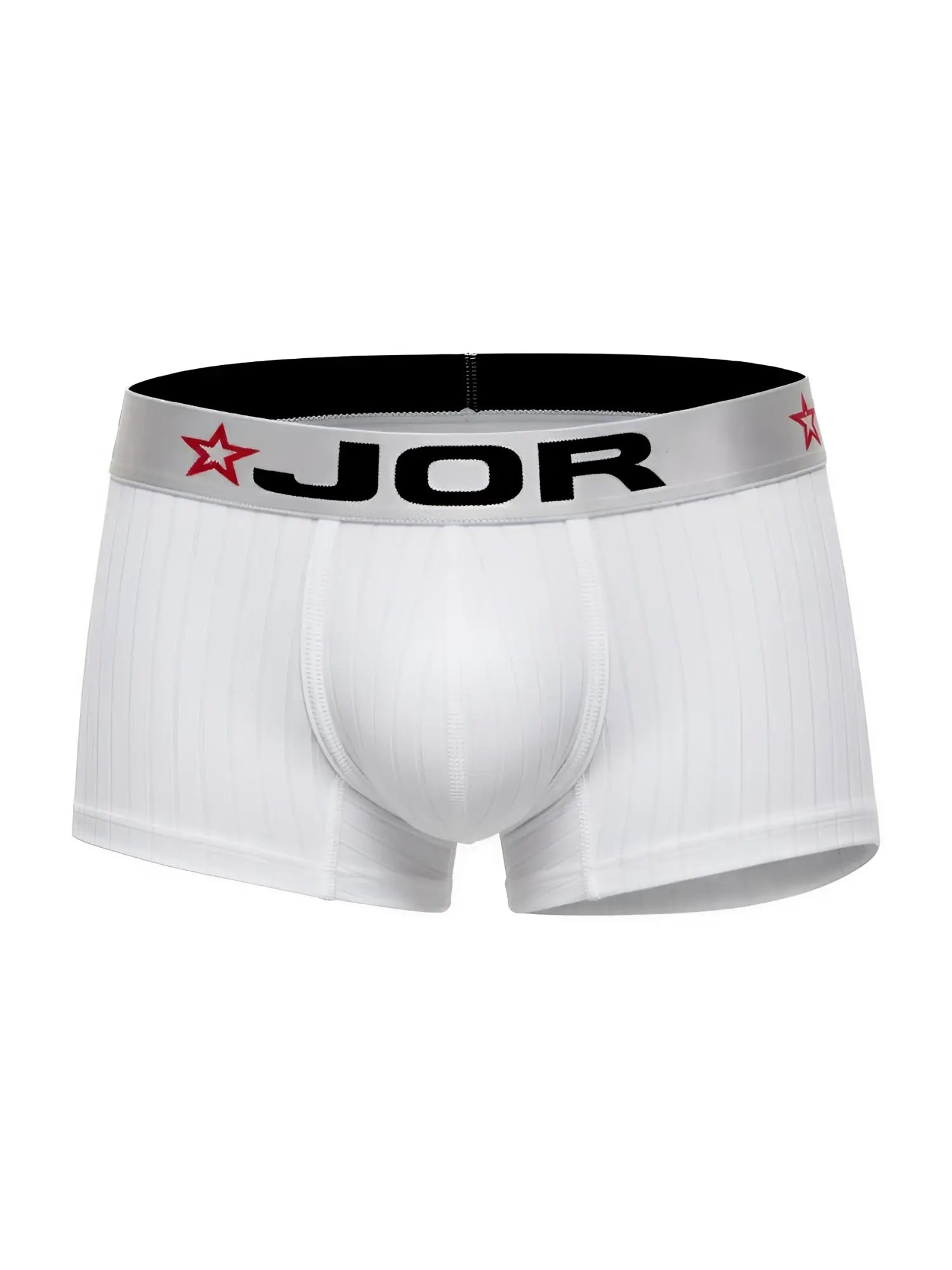 White jor 2330 cronos trunks men’s briefs with silver waistband black lettering and red star logos
