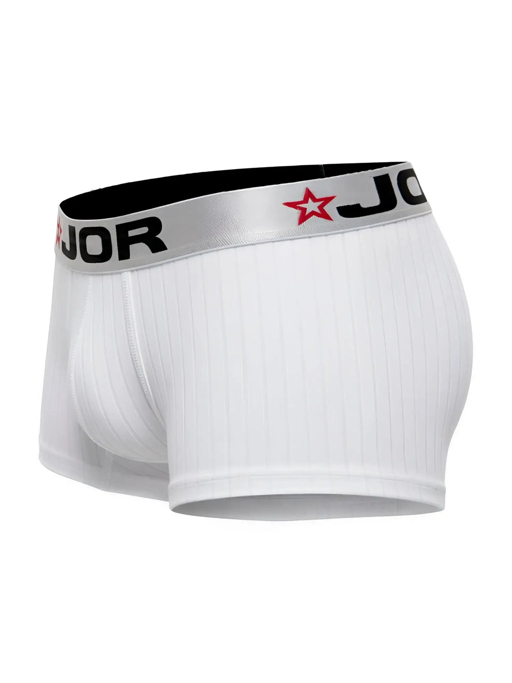 White ribbed boxer briefs with a silver waistband featuring black jor lettering and a red star logo from jor 2330 cronos trunks