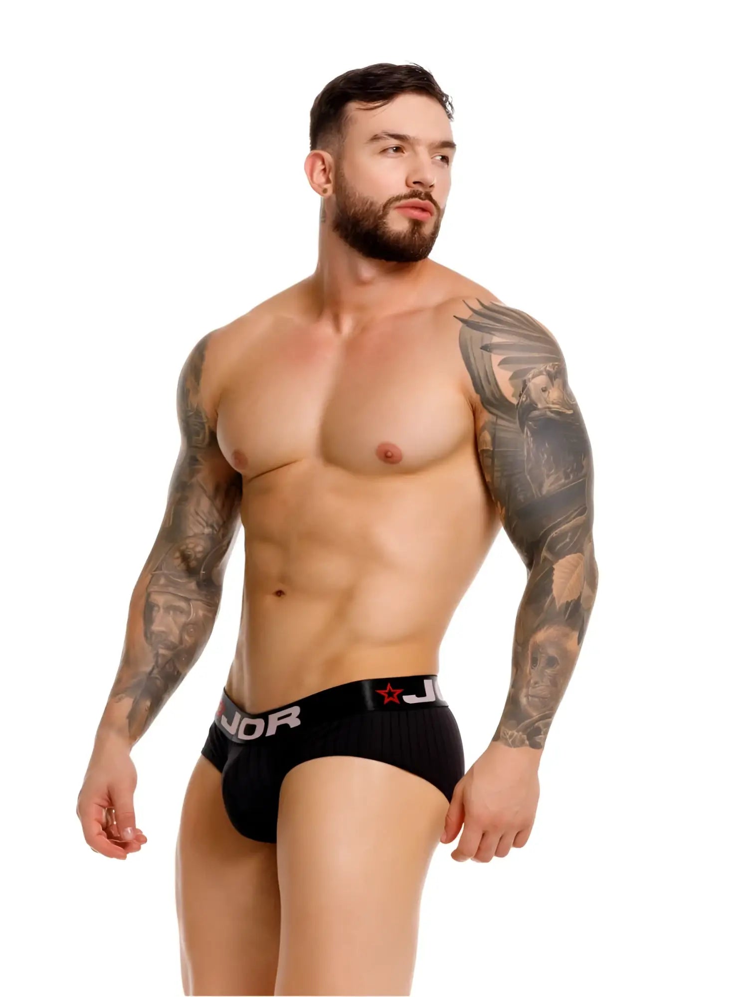 Black jor 2331 cronos briefs with red star and white lettering on waistband in black fabric