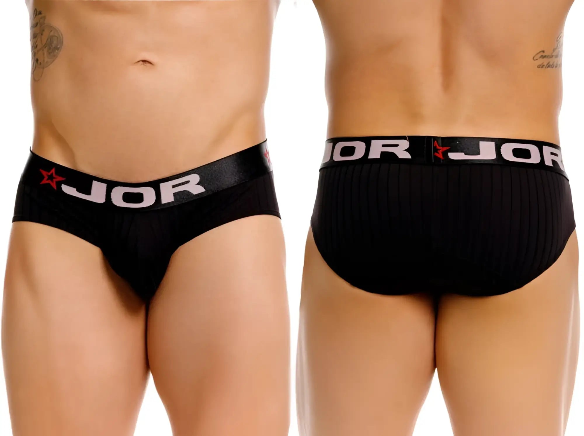 Black jor 2331 cronos briefs with ribbed waistband featuring white lettering and red star logos in black color
