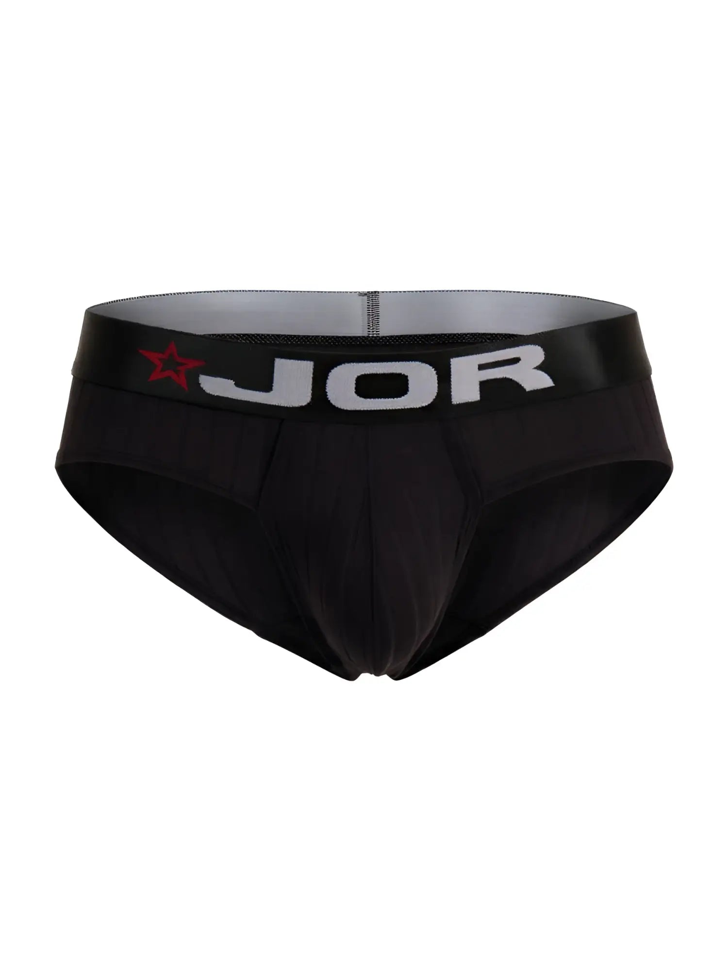 Black jor 2331 cronos men’s briefs featuring a red star and white logo on the waistband in black color
