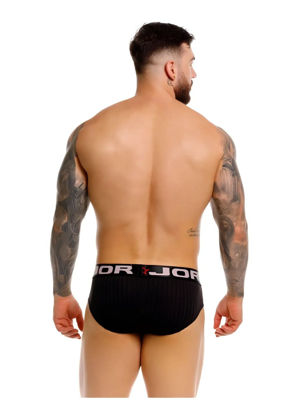 Black ribbed cotton jor 2331 cronos briefs with white elastic waistband featuring jor logo and red star emblem