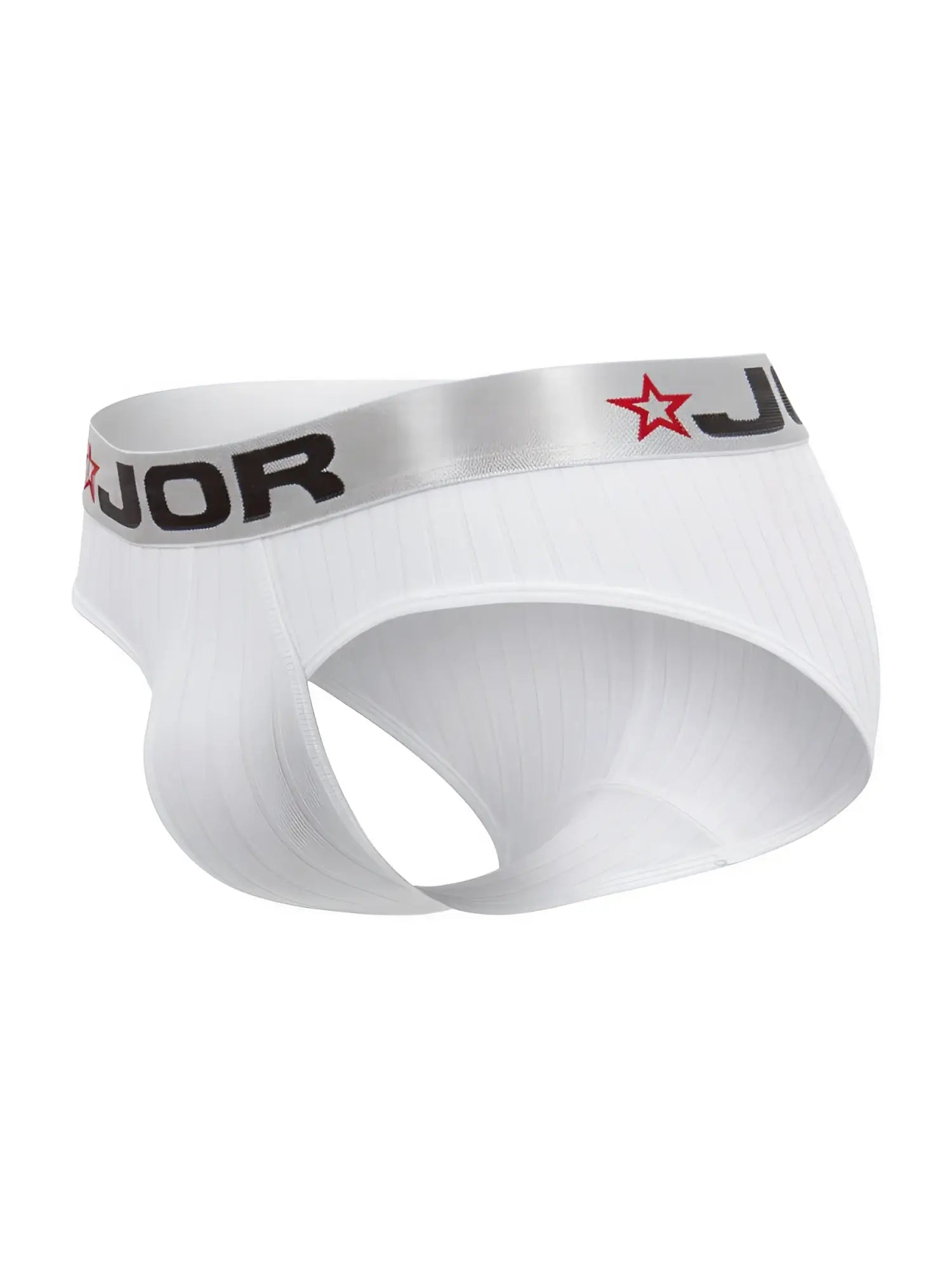 White JOR 2331 Cronos briefs with silver waistband featuring black lettering and red star logo in white fabric