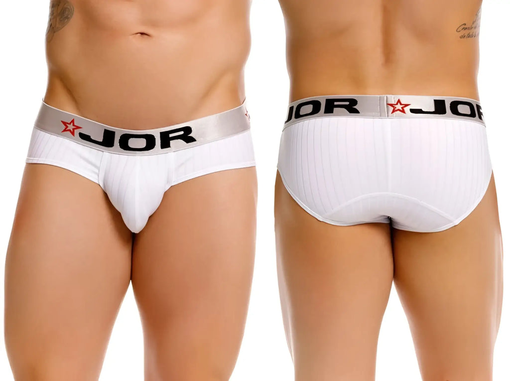 White jor 2331 cronos men’s briefs with silver waistband featuring black lettering and red star logos