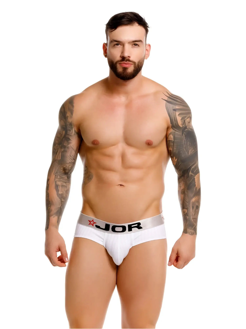 White jor 2331 cronos briefs with silver waistband black lettering and red star logo front view