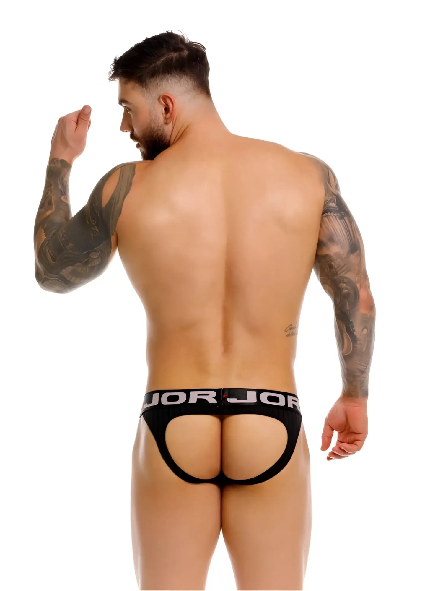 Black jor 2332 Cronos jockstrap briefs with a bold white jor logo waistband designed for support and comfort
