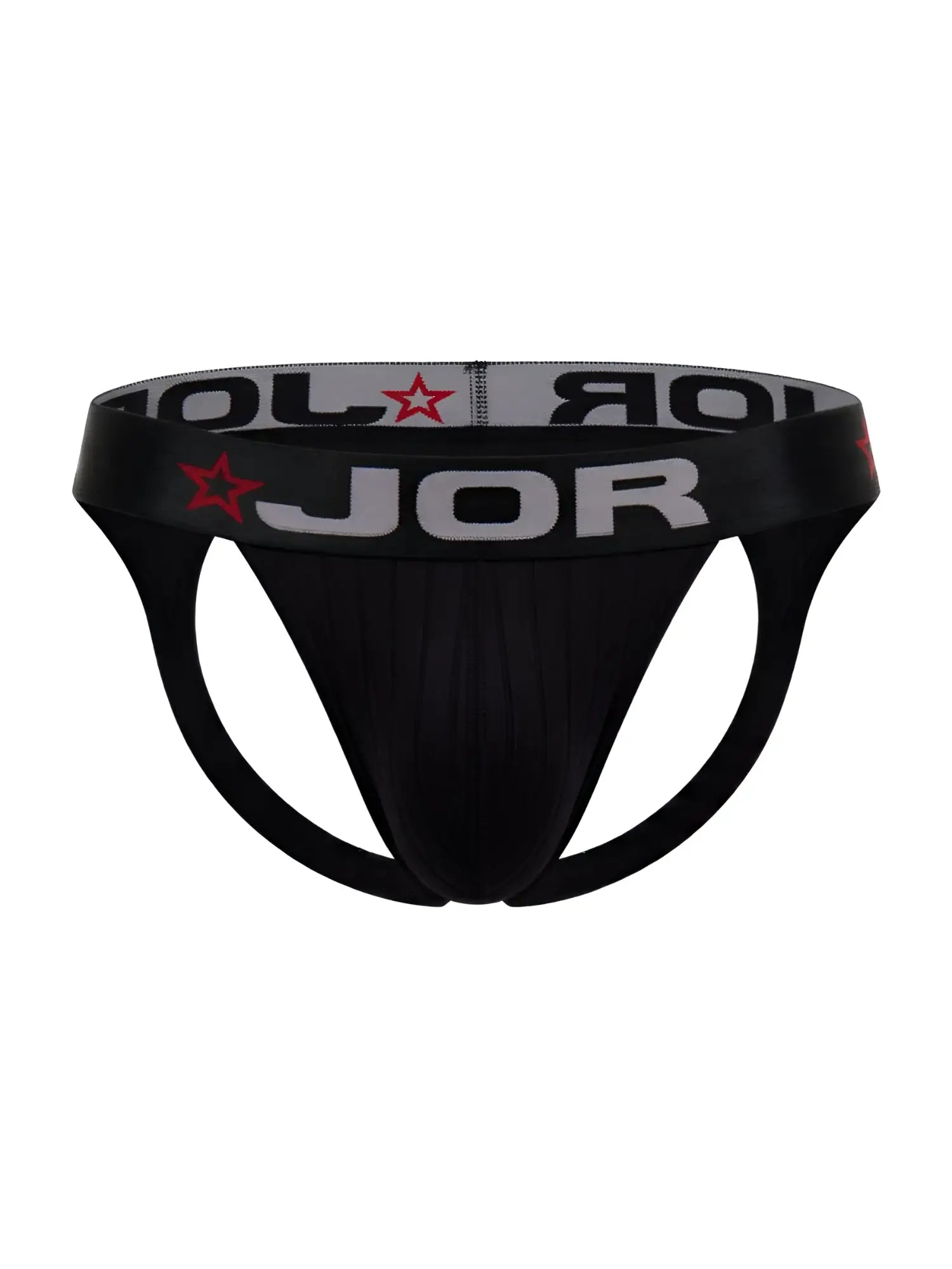 Black jor 2332 cronos jockstrap briefs with gray waistband featuring red stars and bold white lettering
