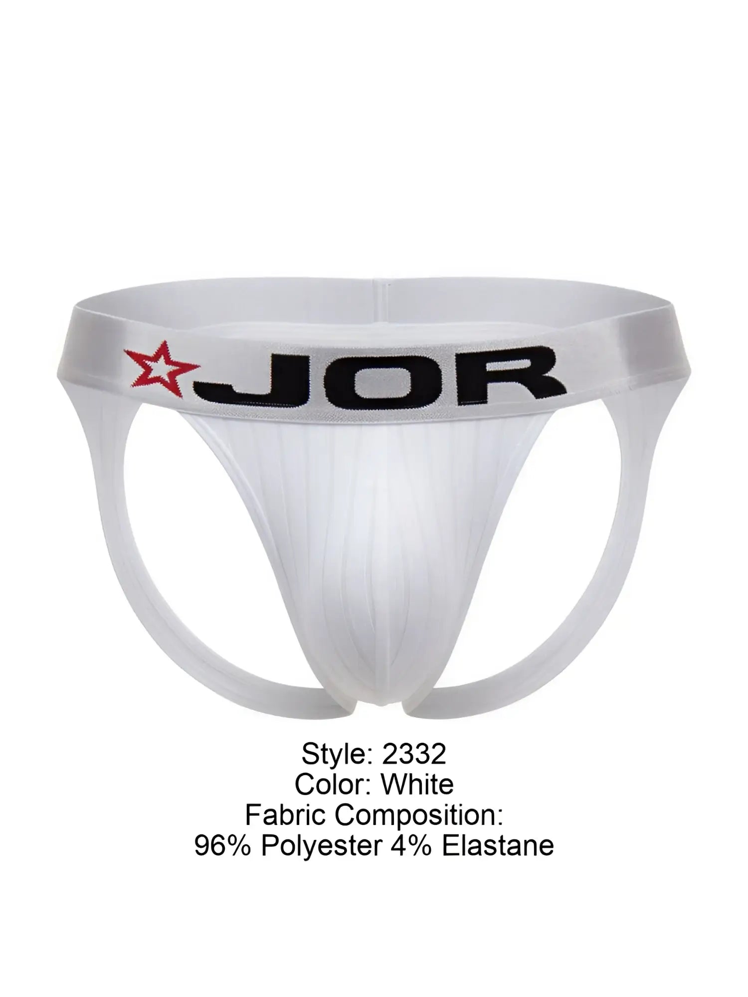 White jor 2332 cronos jockstrap athletic briefs with black logo red star waistband made of 96 polyester 4 elastane