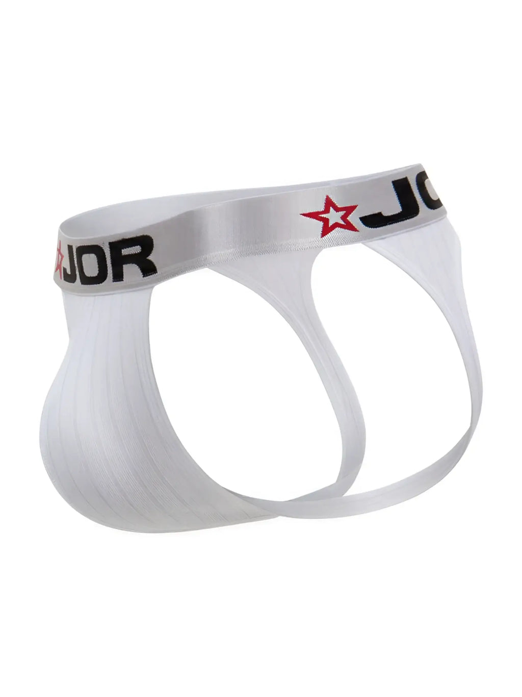 White jor 2332 cronos jockstrap briefs with silver waistband featuring black lettering and red star logo
