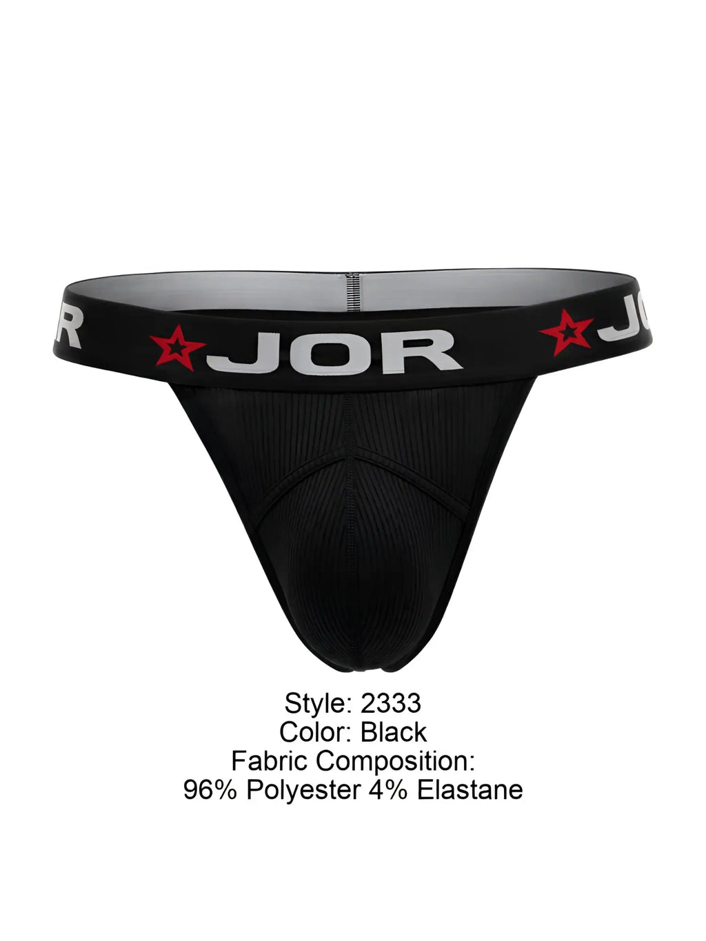 Black jor 2333 cronos thong with textured fabric and red star logo on waistband showing front side