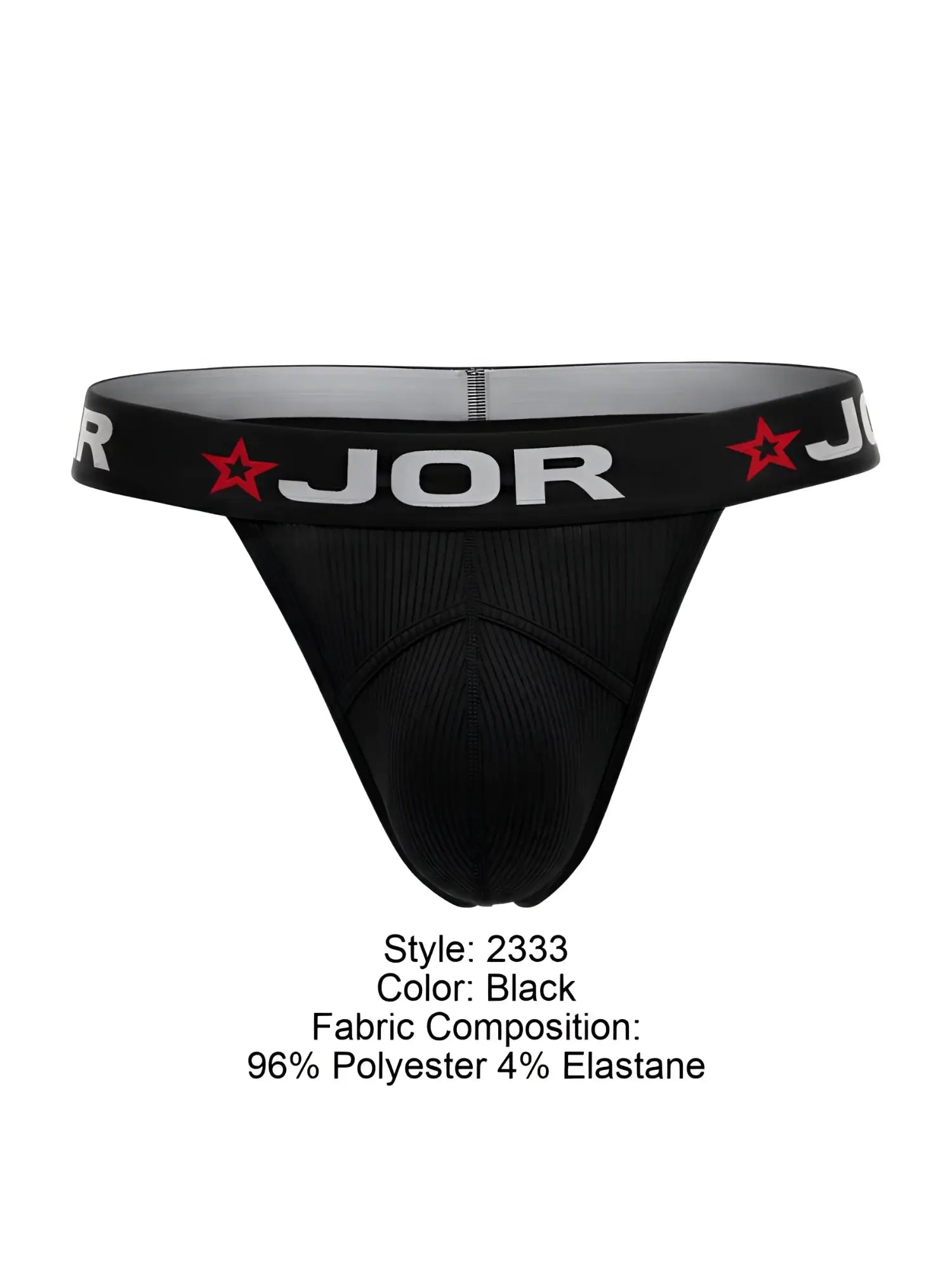Black jor 2333 cronos thong with textured fabric and red star logo on waistband showing front side