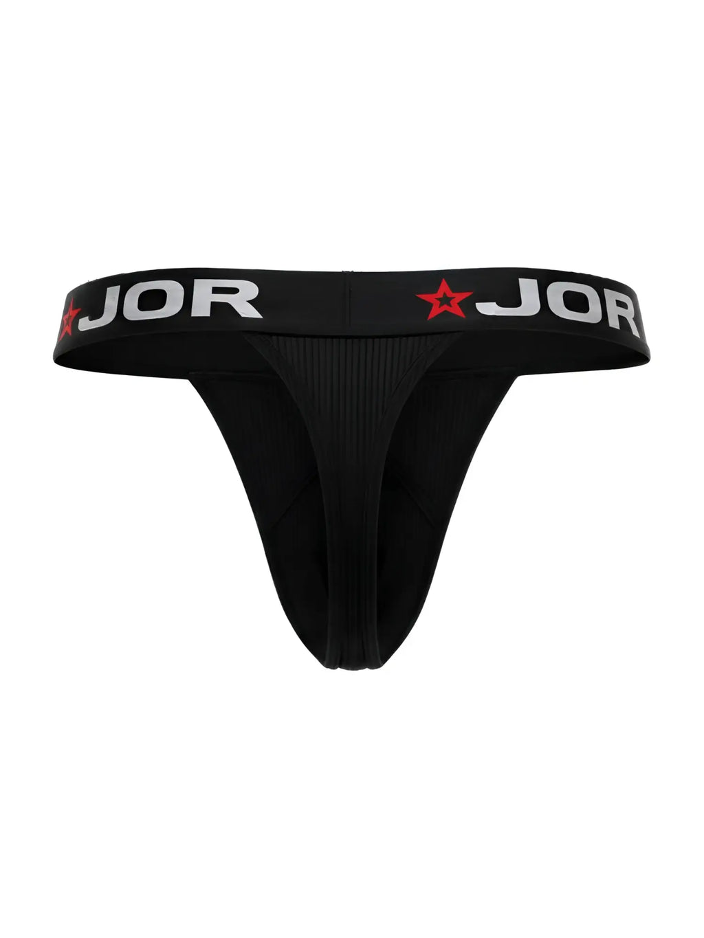 Black jor 2333 cronos thong featuring white lettering and red star logos on the waistband in front view