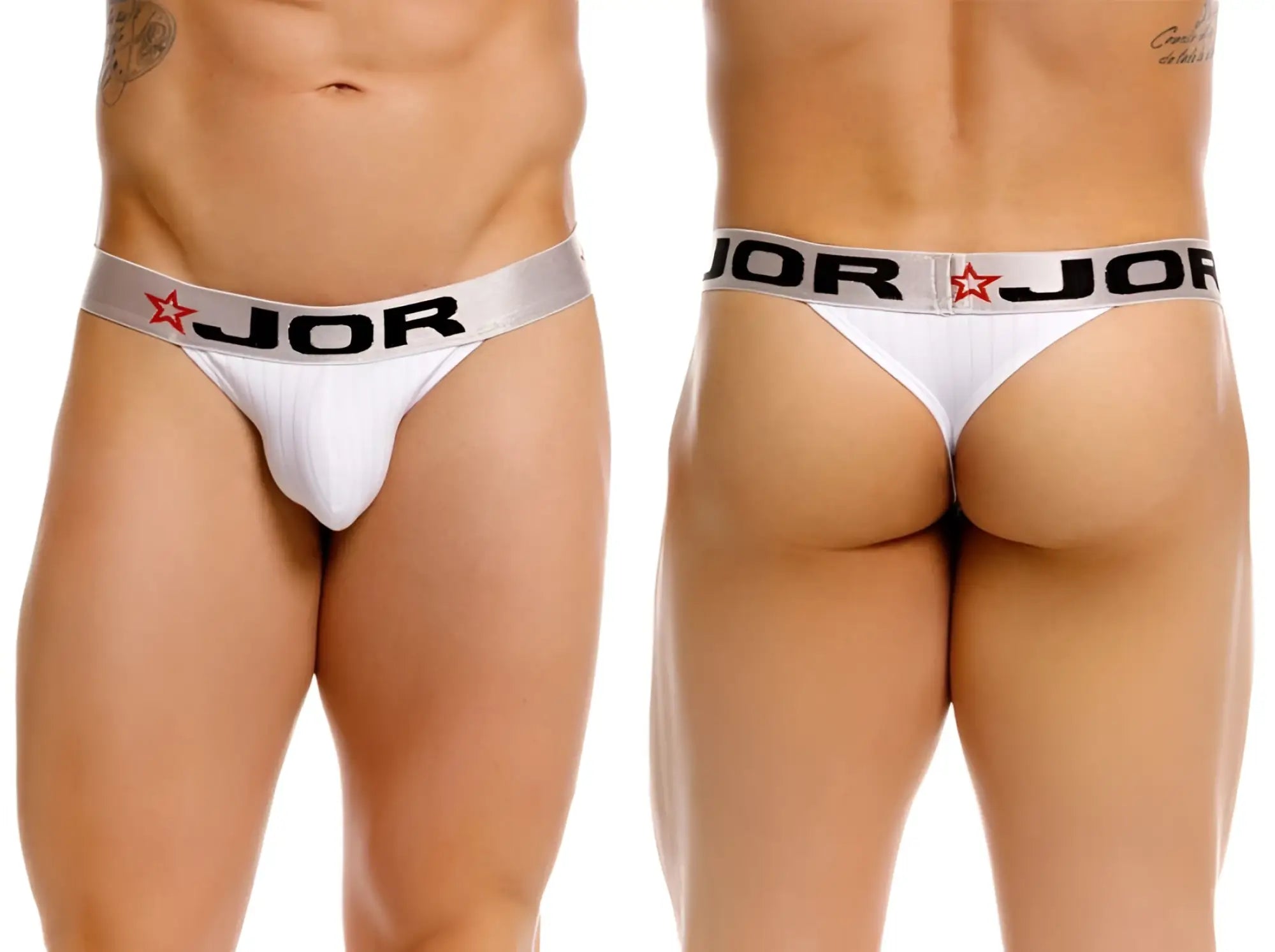 White jor 2333 cronos thong with silver waistband featuring black lettering and red star logo on front side