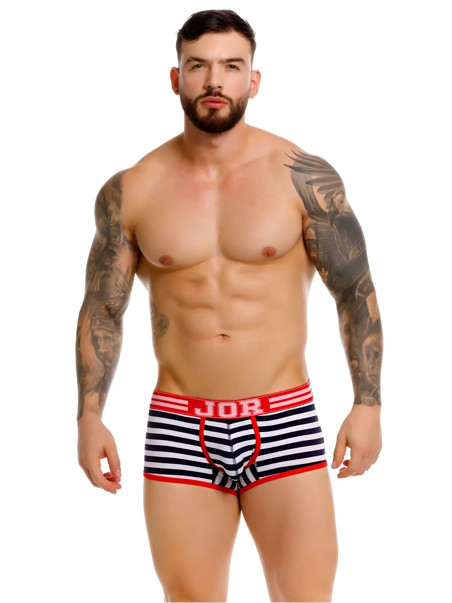 JOR 2334 Santorini striped navy and white briefs with red trim and jor logo on waistband for stylish comfort