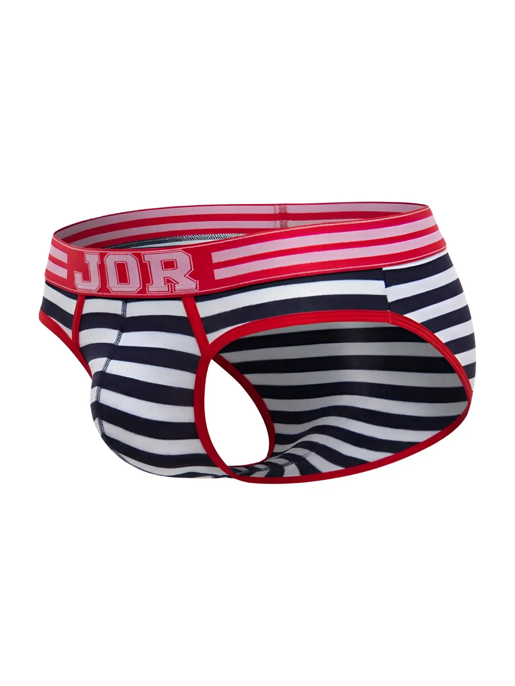 Black and white striped men’s briefs with red trim and jor logo waistband featuring santorini color stripes design
