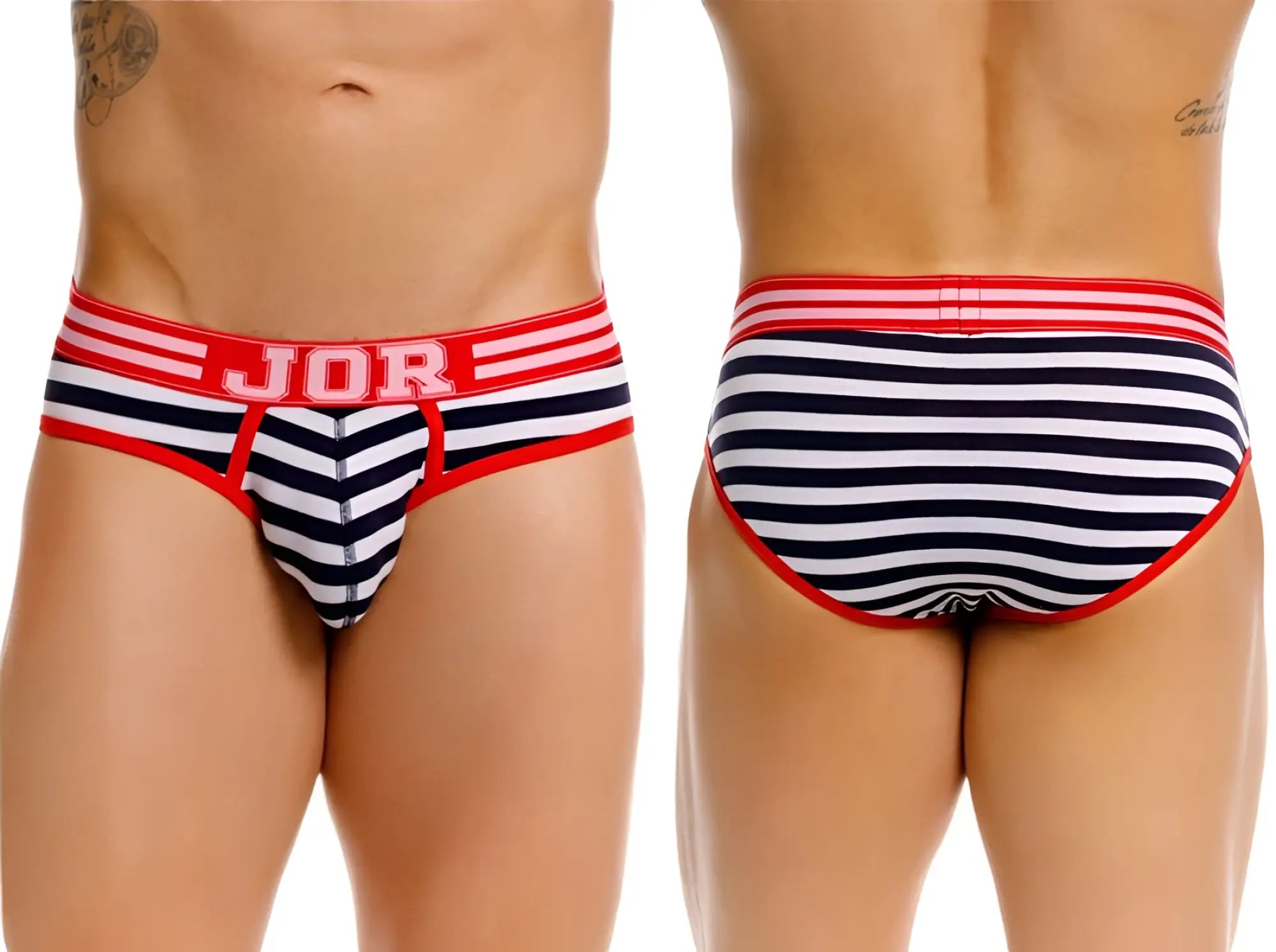 Navy and white striped jor 2335 santorini briefs with red trim and branded waistband for comfortable wear
