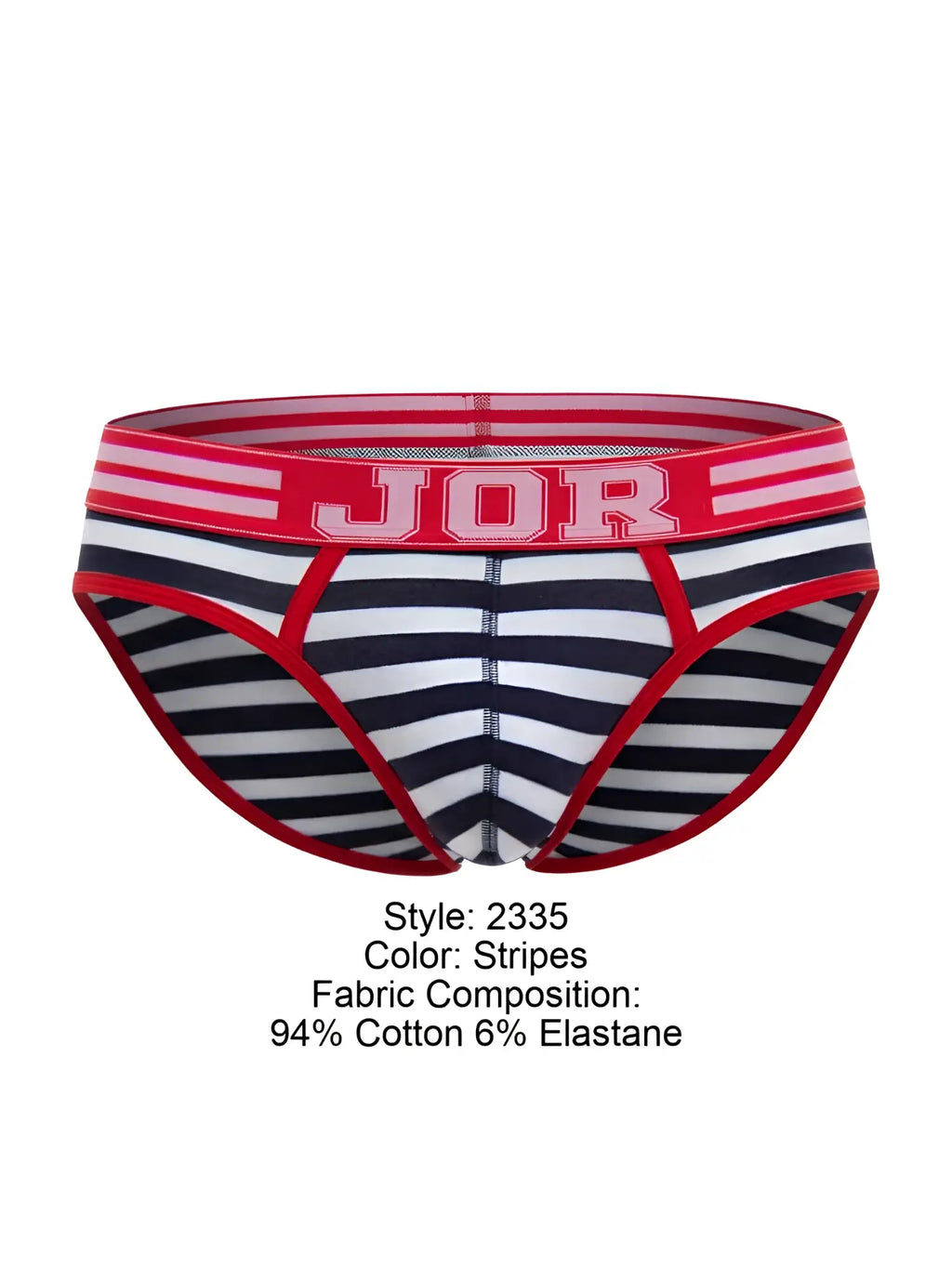 Jor 2335 santorini briefs with red white and black stripes and a red elastic waistband in front view
