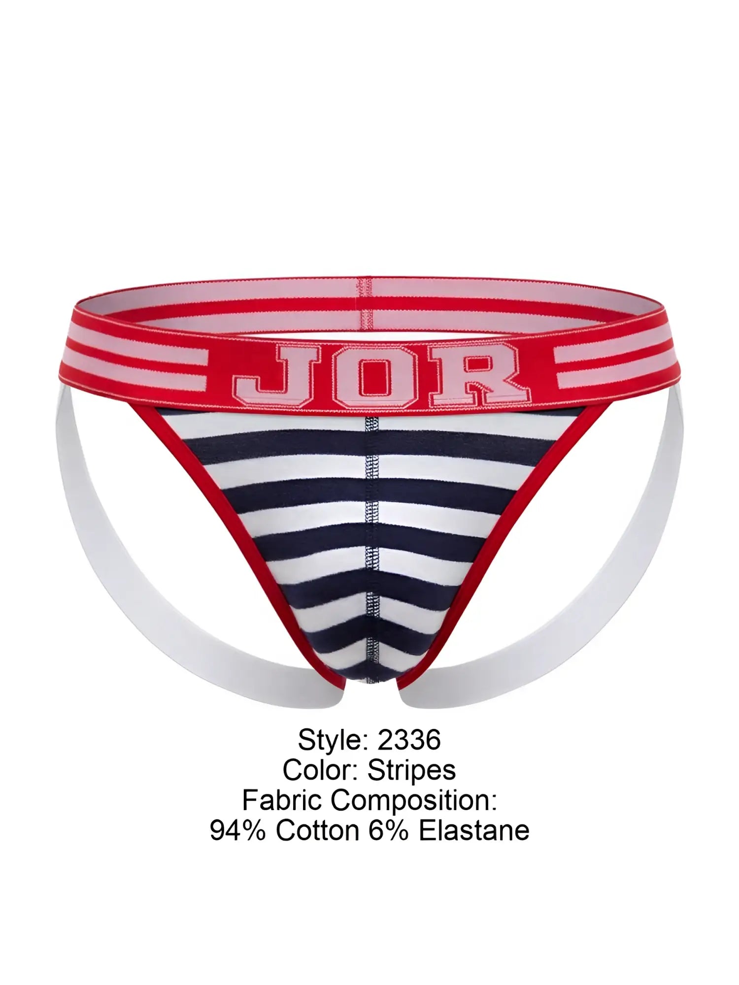 Jor 2336 santorini jockstrap briefs with red and navy blue stripes and white trim for comfortable support