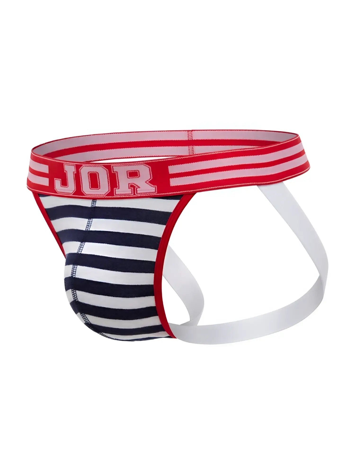 Jor 2336 santorini jockstrap in red white and navy blue stripes with a red waistband featuring the jor logo
