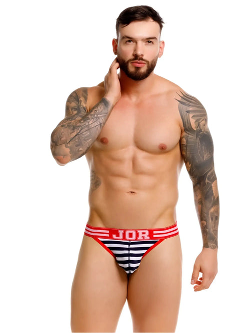 Striped navy and white jor 2336 Santorini jockstrap briefs with red waistband featuring jor logo