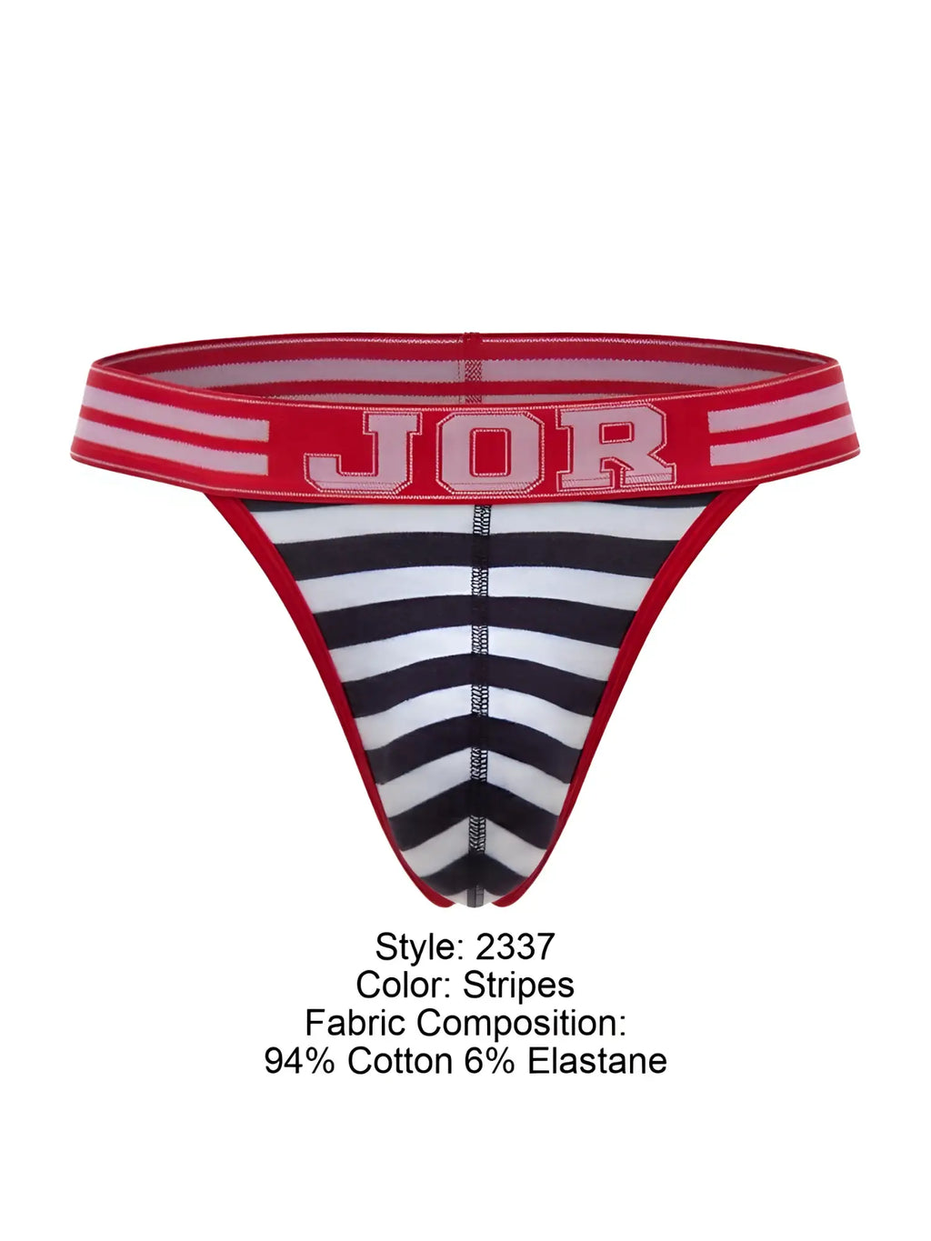 Red and black striped jor 2337 santorini thong with red elastic waistband and white stripes showing front side