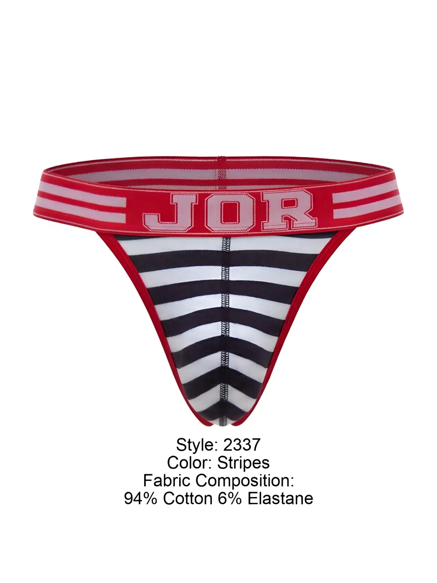 Red and black striped jor 2337 santorini thong with red elastic waistband and white stripes showing front side
