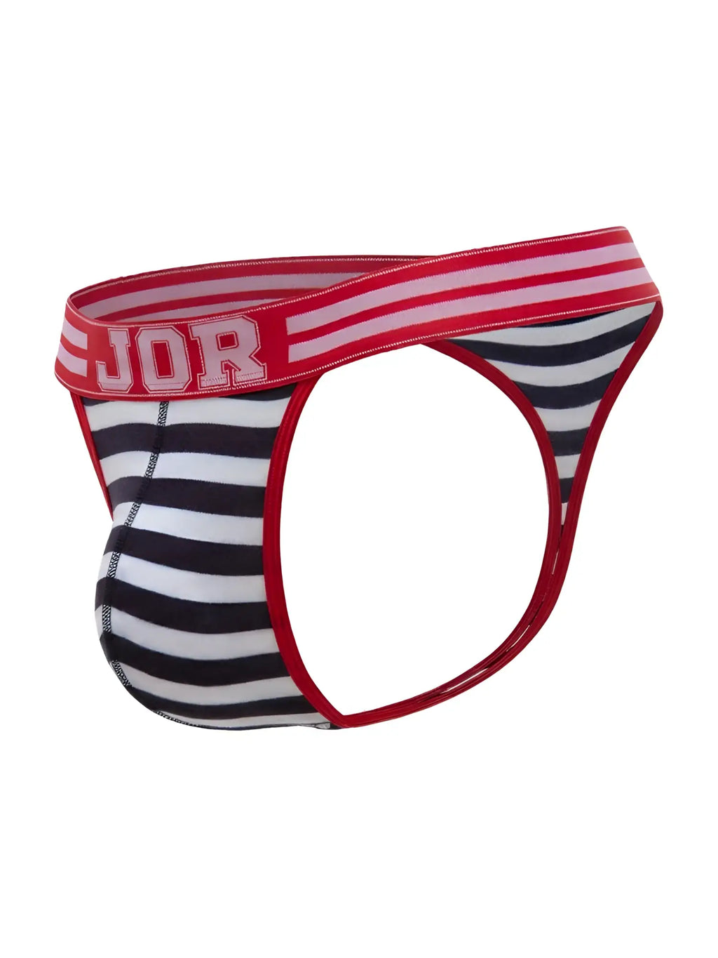 Men’s jor 2337 santorini briefs with red black and white stripes and red elastic waistband featuring jor logo