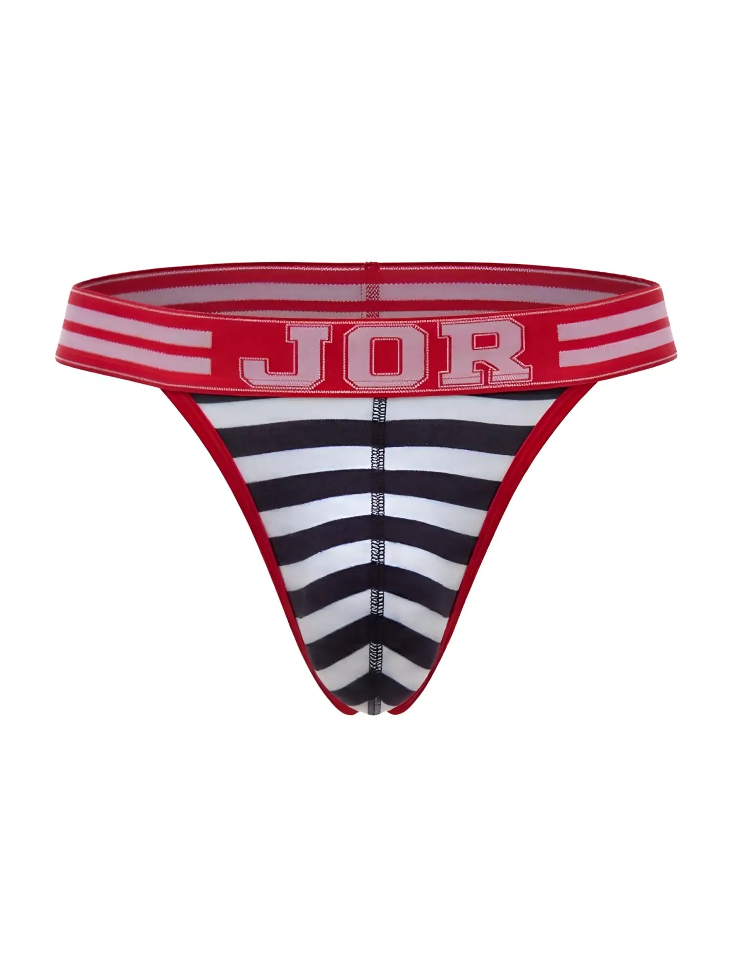 Red and white striped thong with black and white diagonal stripes and jor logo on waistband from santorini collection