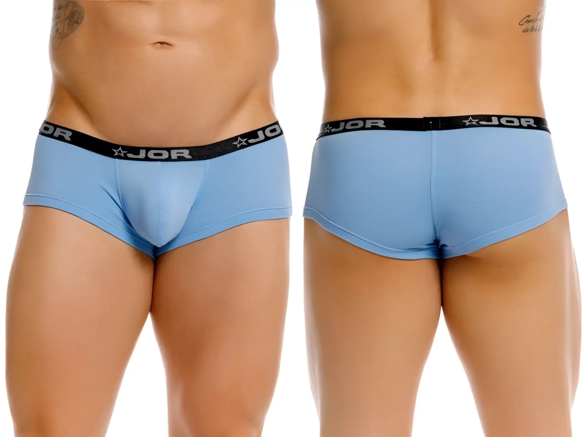 Light blue jor 2345 cannes trunks men’s briefs with black elastic waistband featuring logo and star emblem