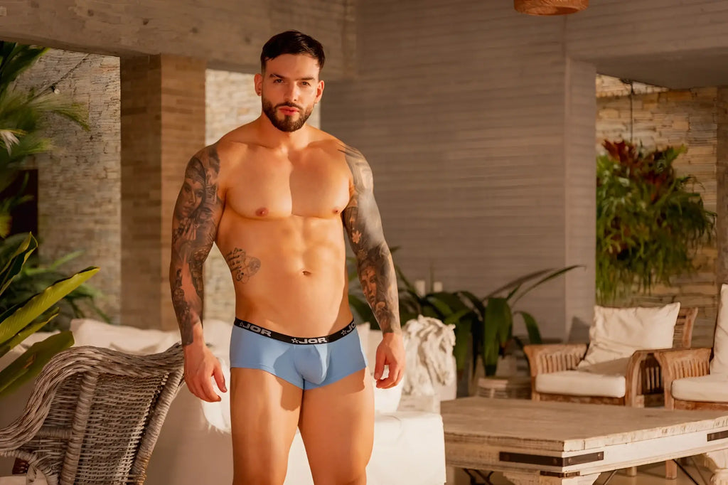 Light blue jor 2345 cannes trunks briefs with black elastic waistband featuring the brand logo
