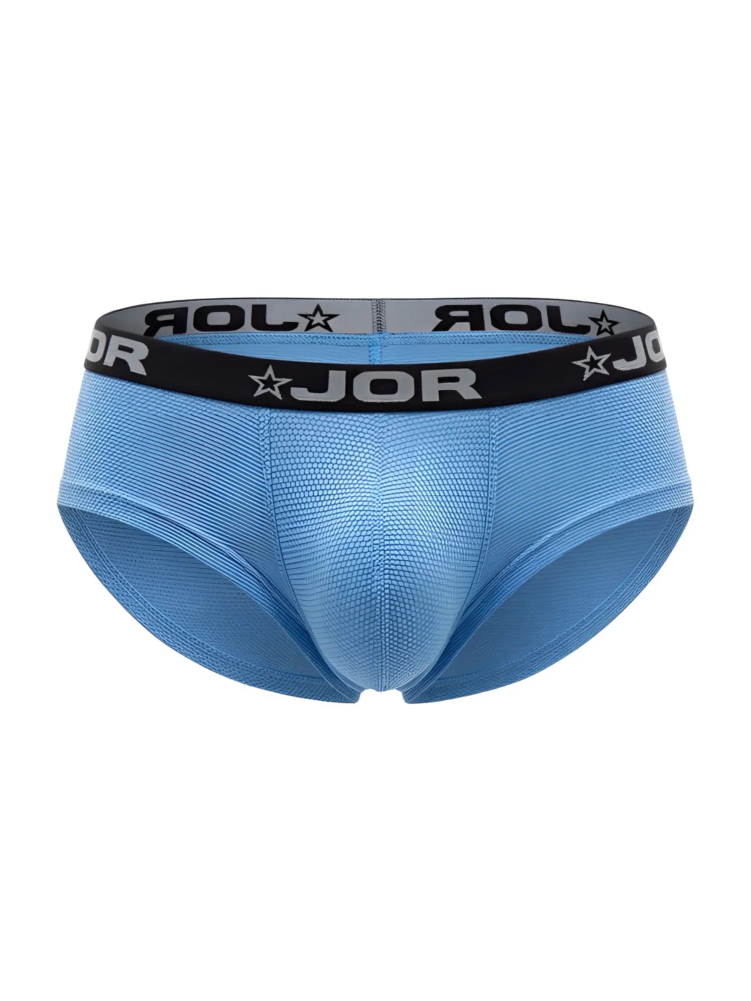 Light blue jor 2345 Cannes trunks with black waistband featuring brand name and star logo men’s briefs front view