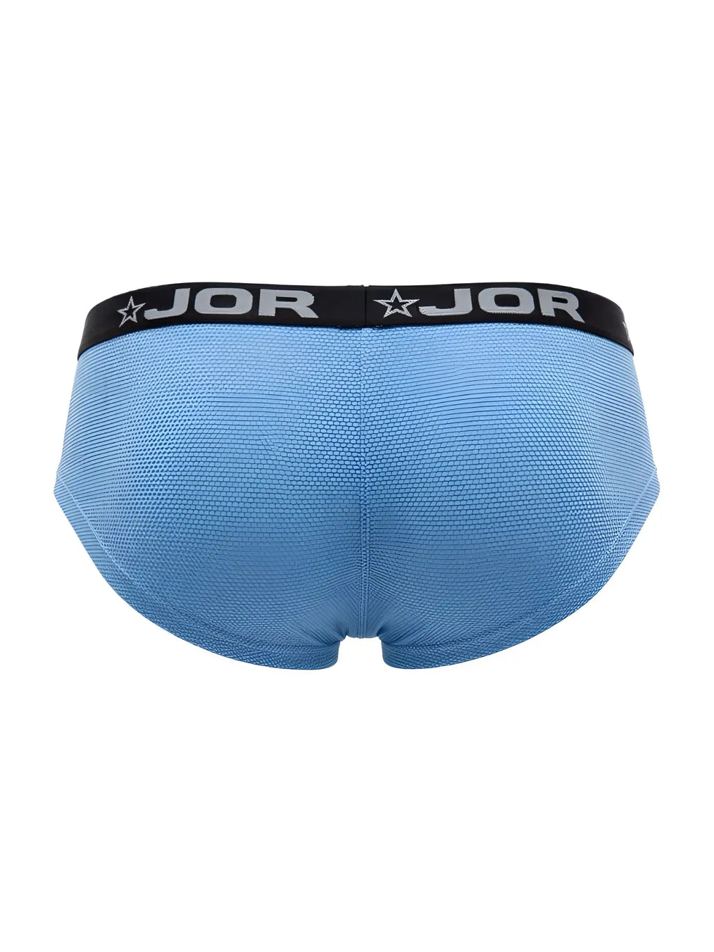 Light blue jor 2345 cannes men’s briefs with black waistband featuring brand name and star logo