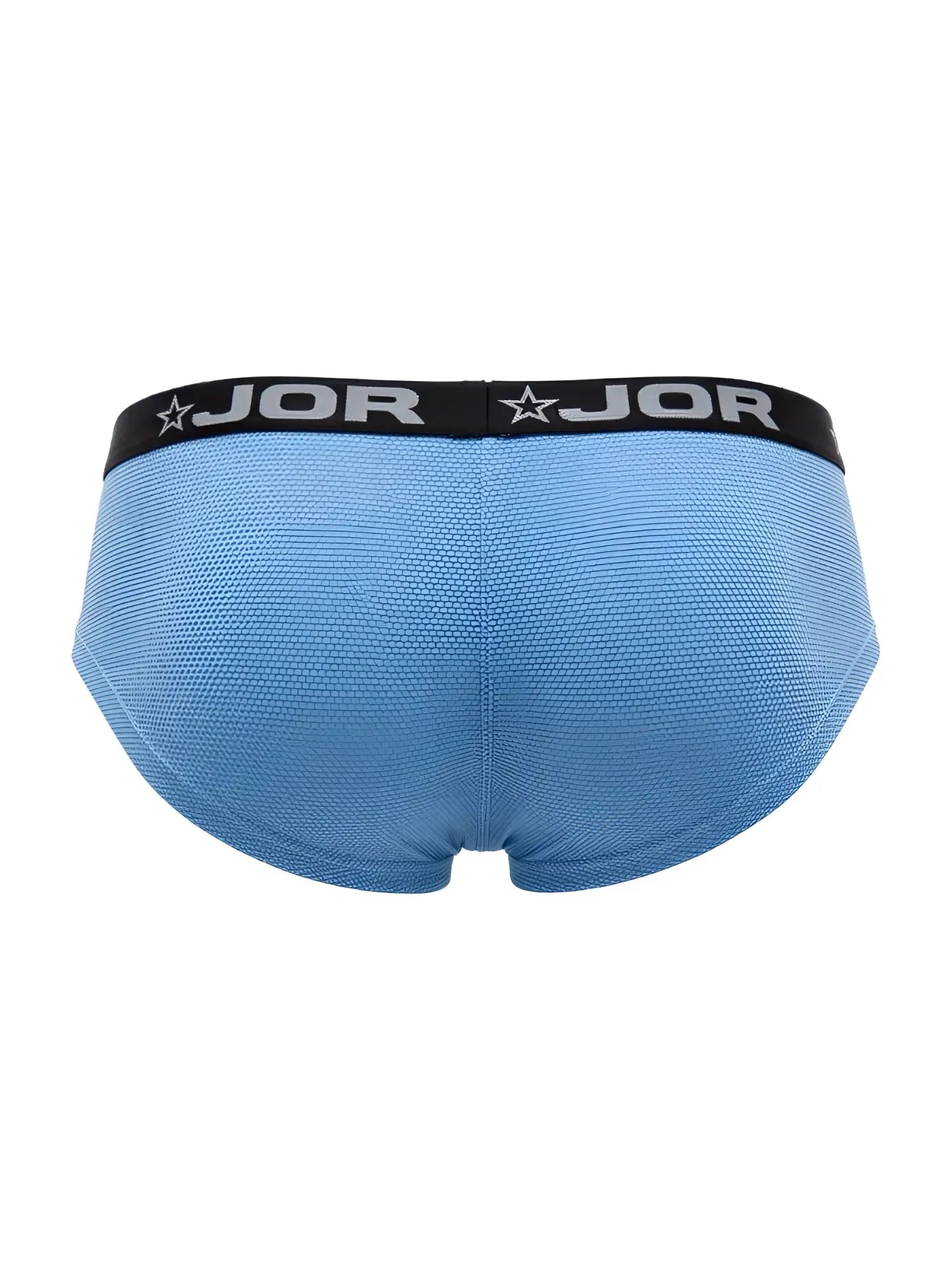 Light blue jor 2345 cannes men’s briefs with black waistband featuring brand name and star logo