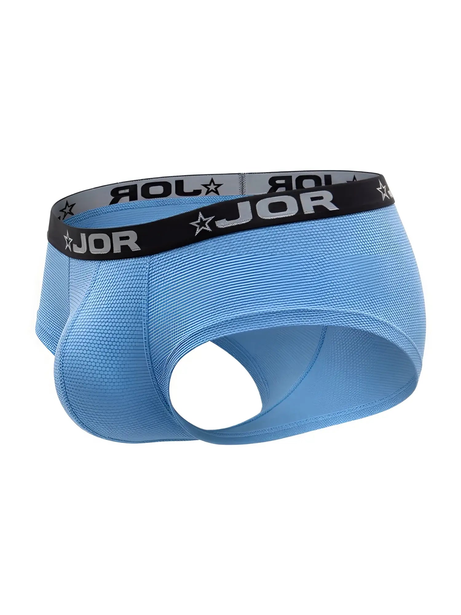 Light blue JOR 2345 Cannes men’s briefs with black waistband featuring brand name and star logos