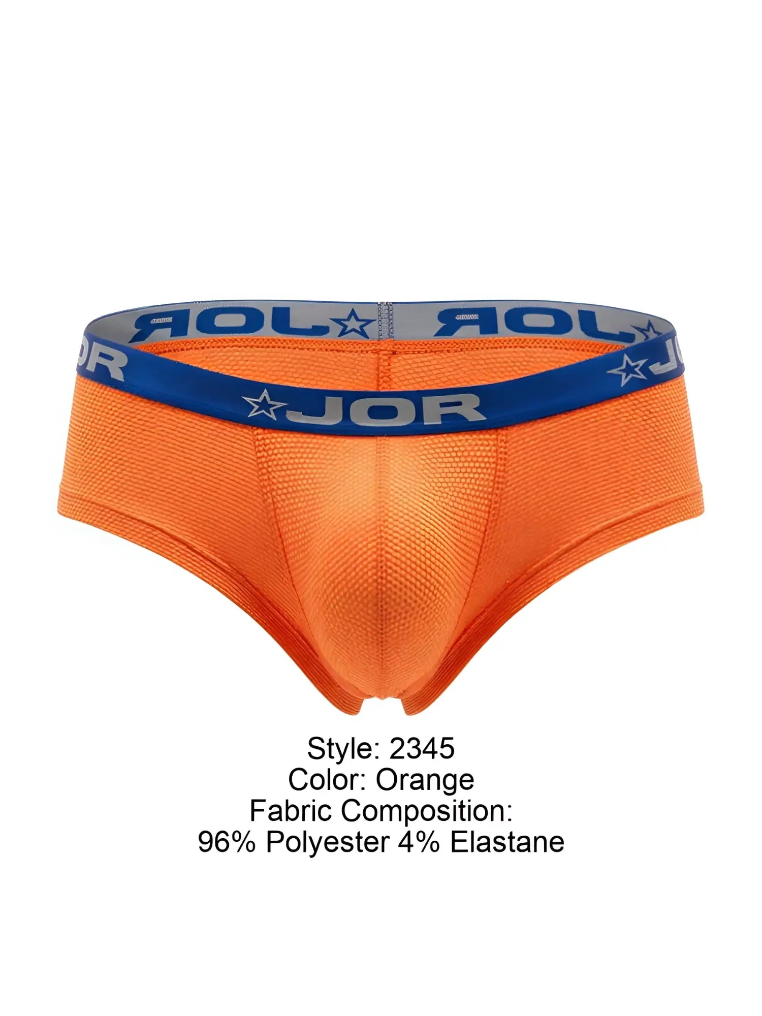 Orange jor 2345 Cannes trunks briefs with blue elastic waistband featuring jor logo and star design