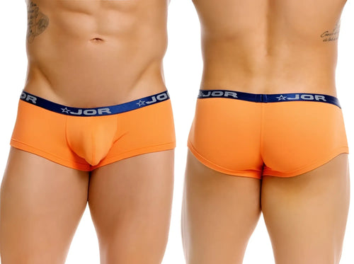 Orange jor 2345 cannes trunks briefs with blue waistband featuring jor logo and star design in front view