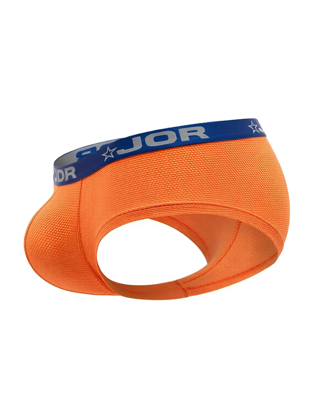 Bright orange jor 2345 cannes athletic briefs with blue elastic waistband featuring jor brand name and star logos