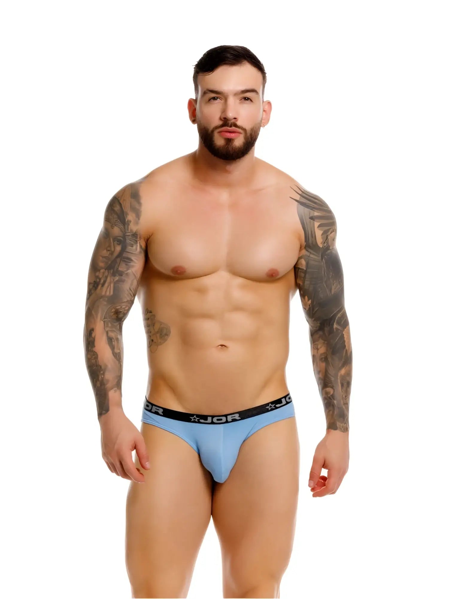 Light blue jor 2346 Cannes bikini briefs with black waistband featuring jor logo and star motifs