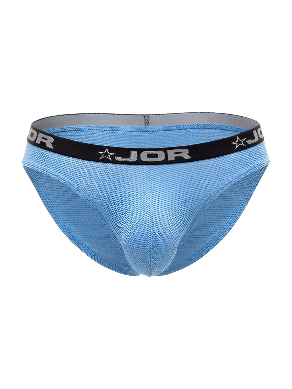 Light blue jor 2346 Cannes bikini briefs for men with black waistband featuring brand name and star logo