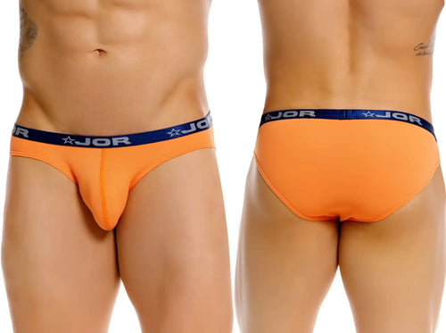 Orange jor 2346 Cannes bikini briefs with navy blue waistband featuring white lettering and star logos