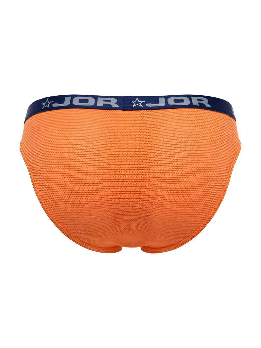Bright orange jor 2346 cannes bikini briefs with navy blue waistband featuring brand name and star logos