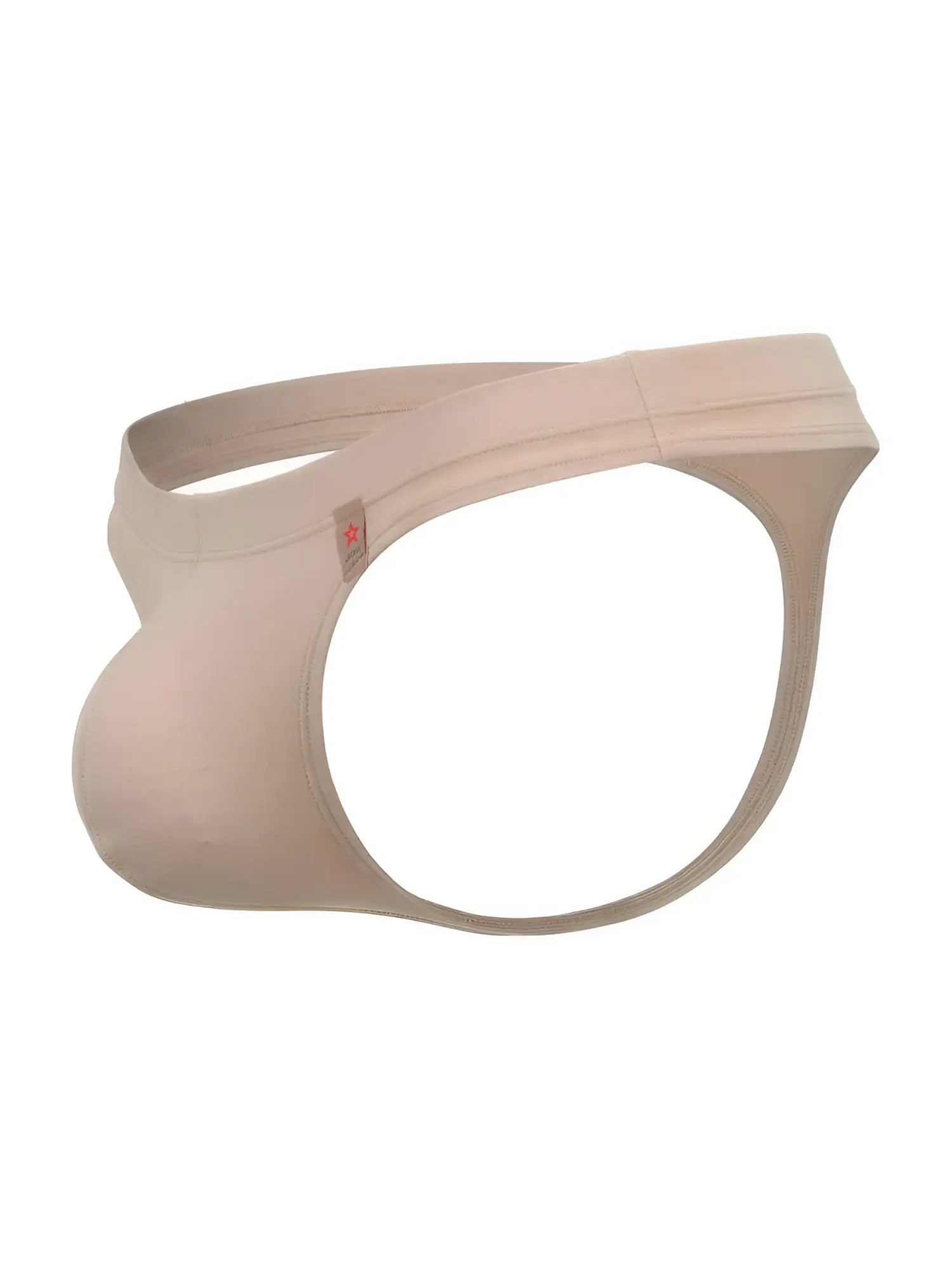 Beige jor 2349 invisible thongs with smooth stretchy fabric and subtle red logo tag on the waistband