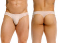 Beige jor 2349 invisible thong with a small red star logo on the waistband shown from the back side