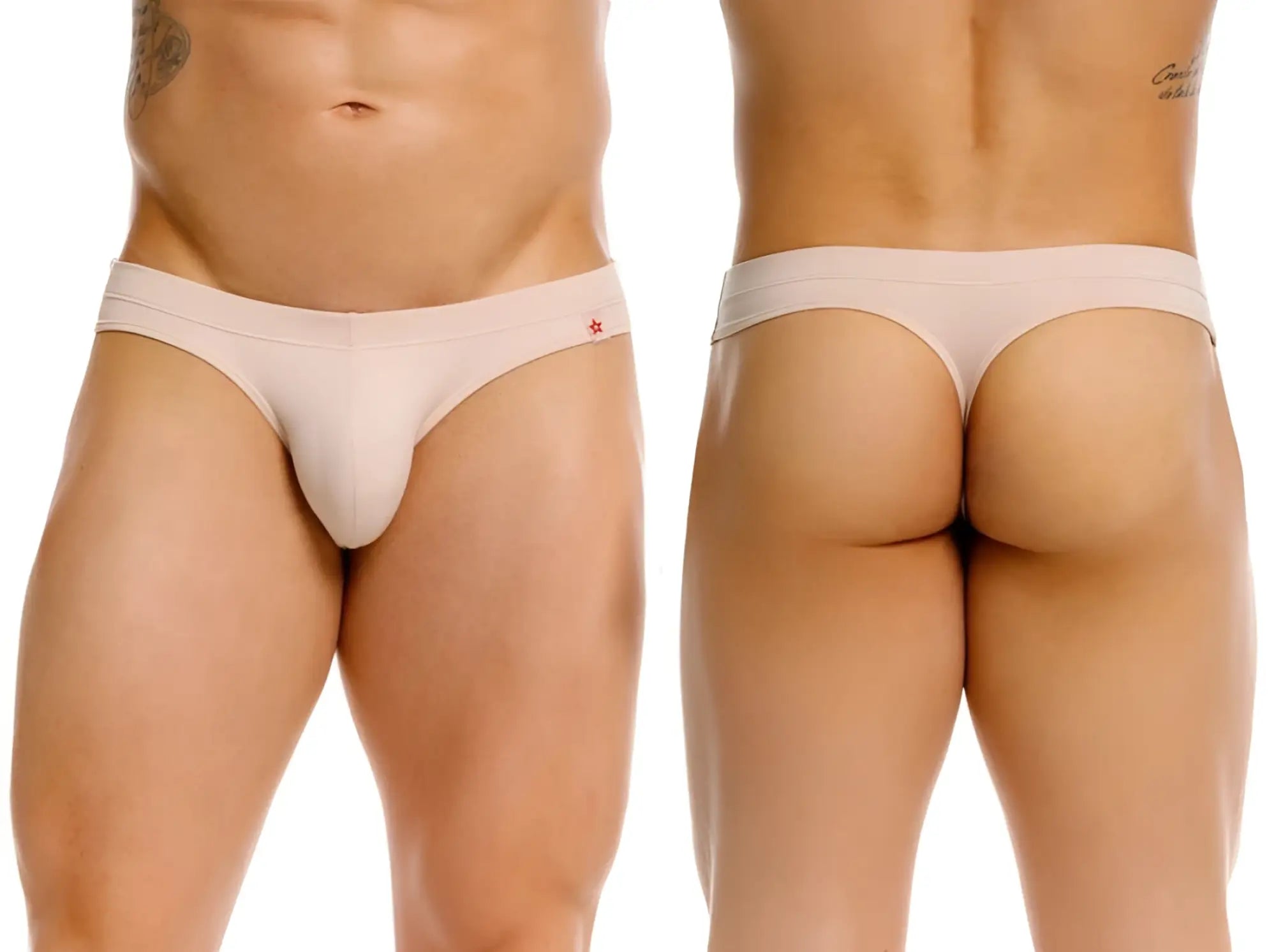 Beige jor 2349 invisible thong with a small red star logo on the waistband shown from the back side