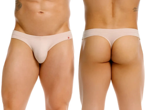 Beige jor 2349 invisible thong with a small red star logo on the waistband shown from the back side