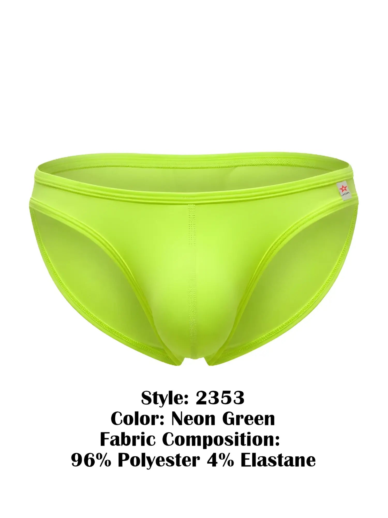 Neon green jor 2353 origin bikini men’s swim trunks made of 96 polyester and 4 elastane displayed front side