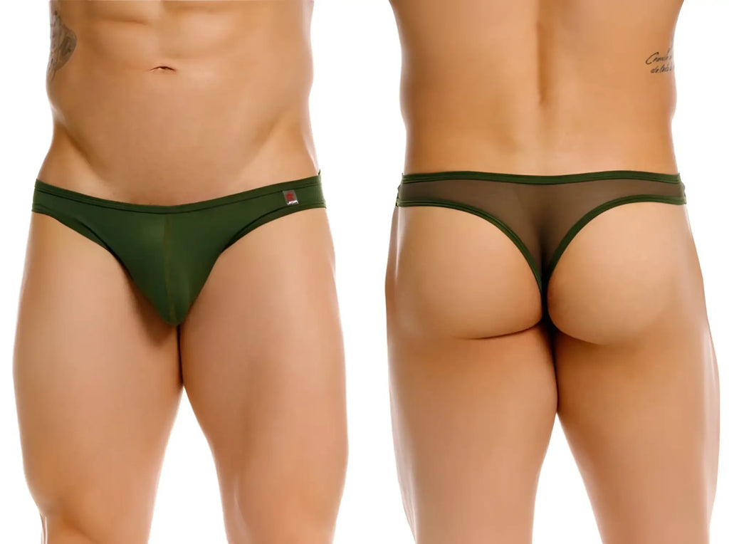 Dark green sheer JOR 2354 Origin thong with solid fabric waistband and small red logo on the left side