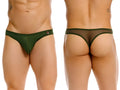 Dark green sheer JOR 2354 Origin thong with solid fabric waistband and small red logo on the left side